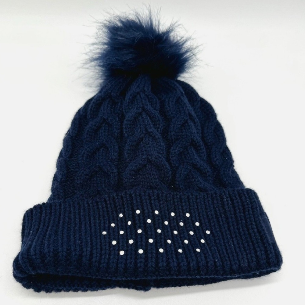 EUC Swarovski Navy blue knit winter beanie with Faux-Fur Pom-Pom